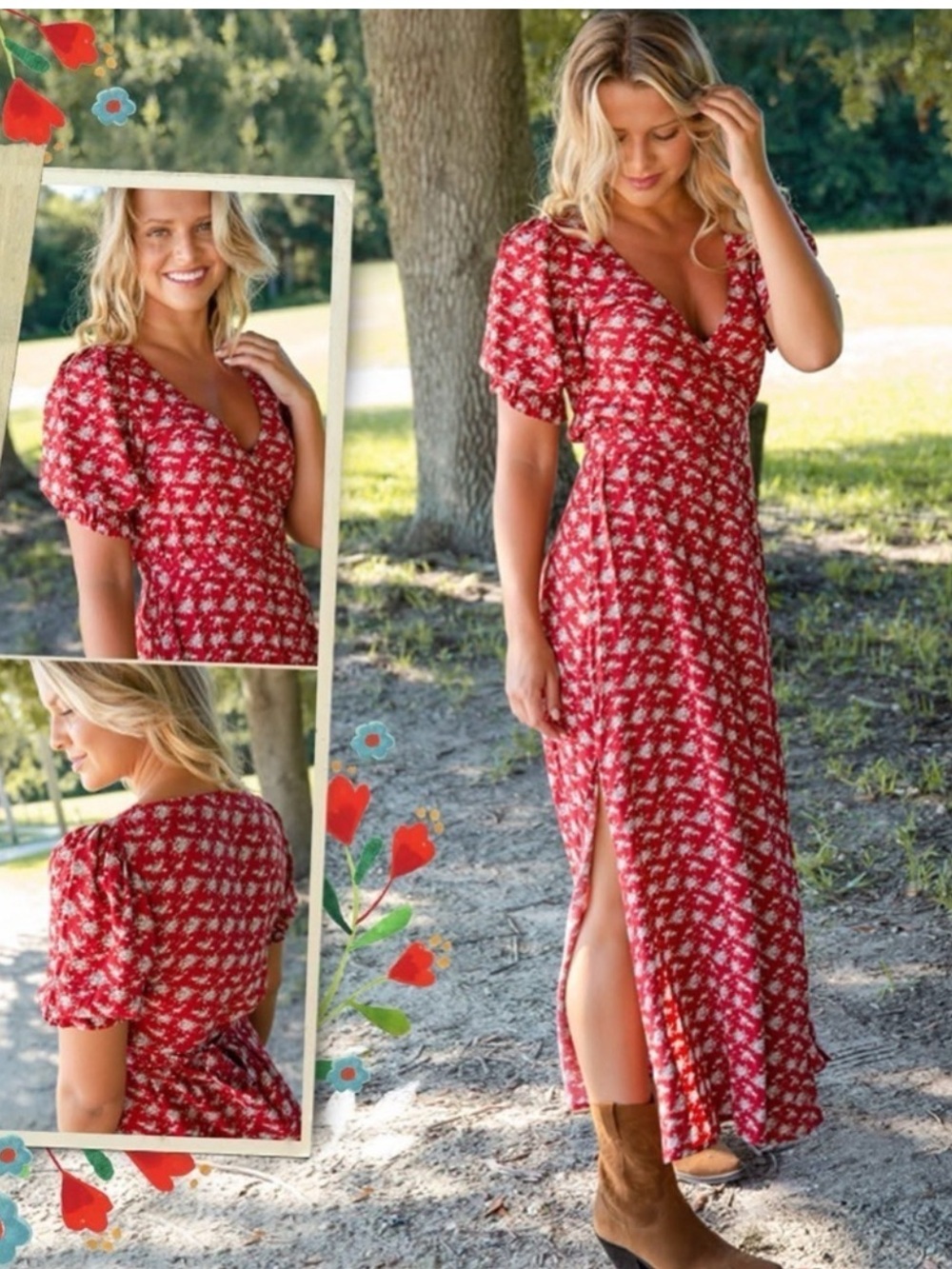 Natural Life Sophia Wrap Midi Dress Red Ditsy Floral Women's XL Cottagecore
